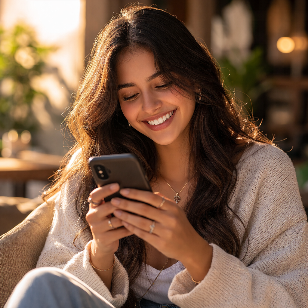Girl is smiling while chatting on her phone